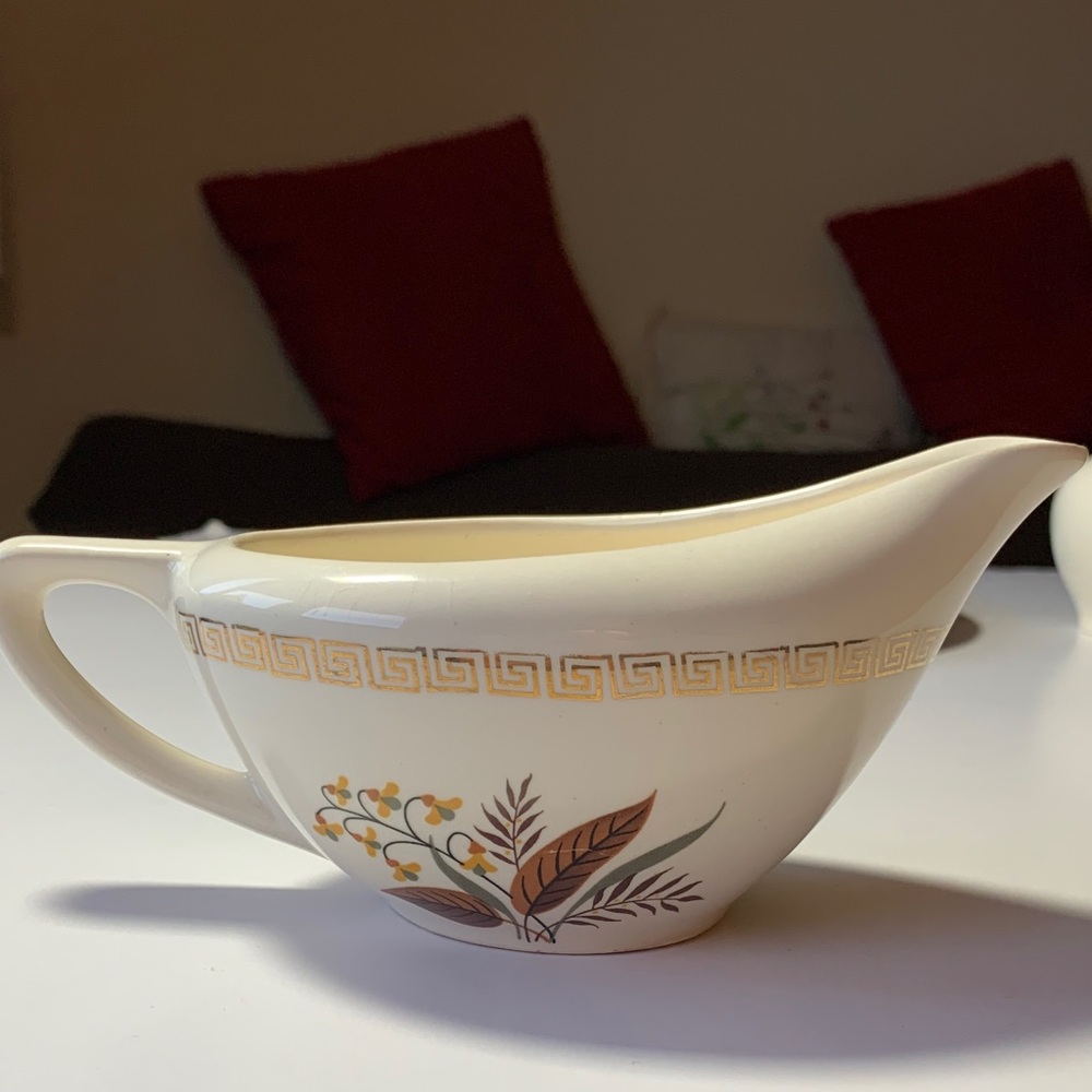 Vintage Edwin M. Knowles China Gravy Boat - MCM Gold Greek Key & Autumn Leaves